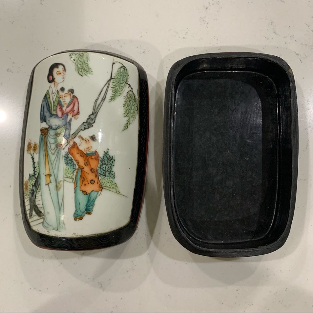 Vintage Antique Chinese Wooden Lacquer with Porcelain Top